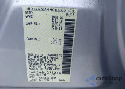 2015 Nissan Altima 2.5/2.5 S/2.5 Sl/2.5 Sv из США, поврежденный, VIN 1N4AL3AP5FC273246